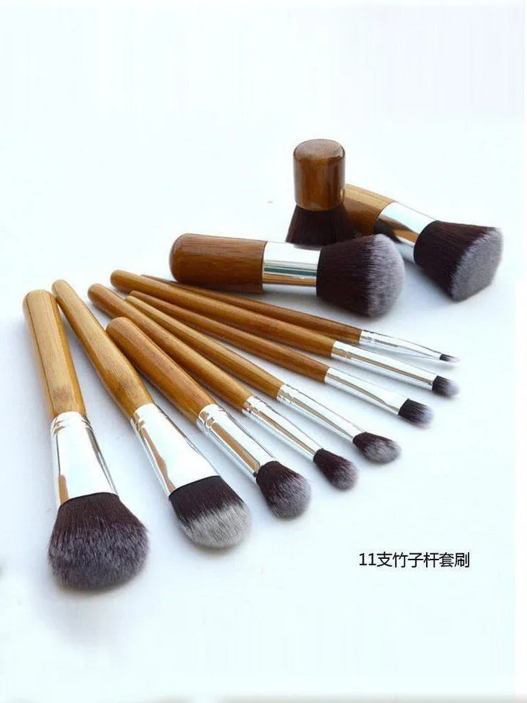 11 Pcs Bamboo Makeup Foundation Fiber Liner Eyeshadow Cosmetic Brush Set Bag Kit