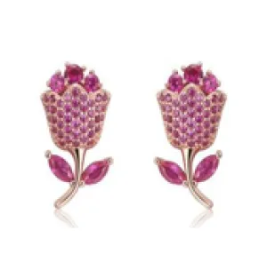 14K Rose Gold Fuchsia Rose Stud Earrings With Swarovski Crystals