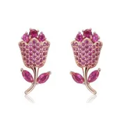 14K Rose Gold Fuchsia Rose Stud Earrings With Swarovski Crystals