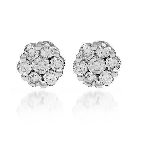 14K Solid White Gold Diamond Cluster Stud Earrings 0.95 Ctw