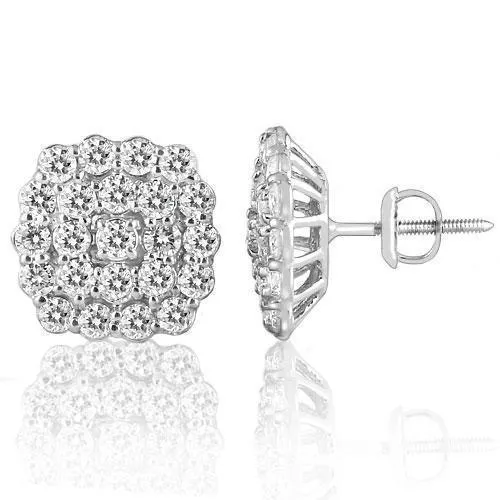 14K White Solid Gold Clarity Enhanced Diamond Cluster Earrings 3.00 Ctw