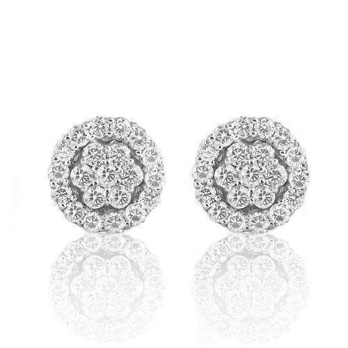 14K White Solid Gold Round Cut Diamond Cluster Earrings 0.8 Cwt.