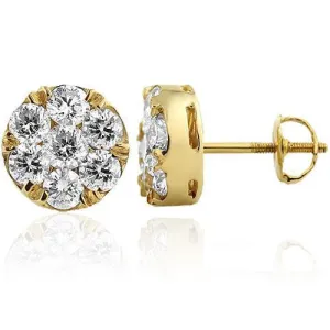 14K Yellow Solid Gold Unisex Diamond Cluster Stud Earrings 2.50 Ctw