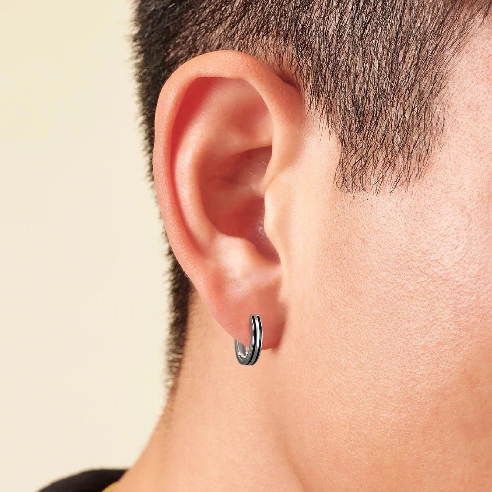 15mm Sleek Black Stripe Hoop Earrings for Men