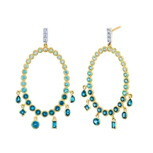 18K Gold Blue Topaz Ombre Oval Earrings with Diamonds