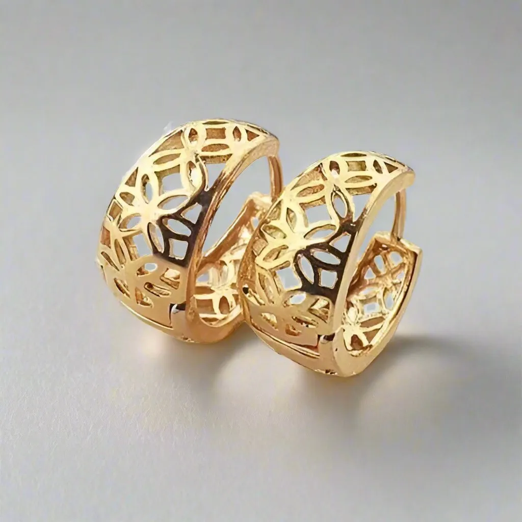 18K Gold Filled Filigree Flower Petite Huggie Earrings for Women