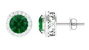 2-Carat Round Lab Created Emerald Stud Earrings With Diamond Halo