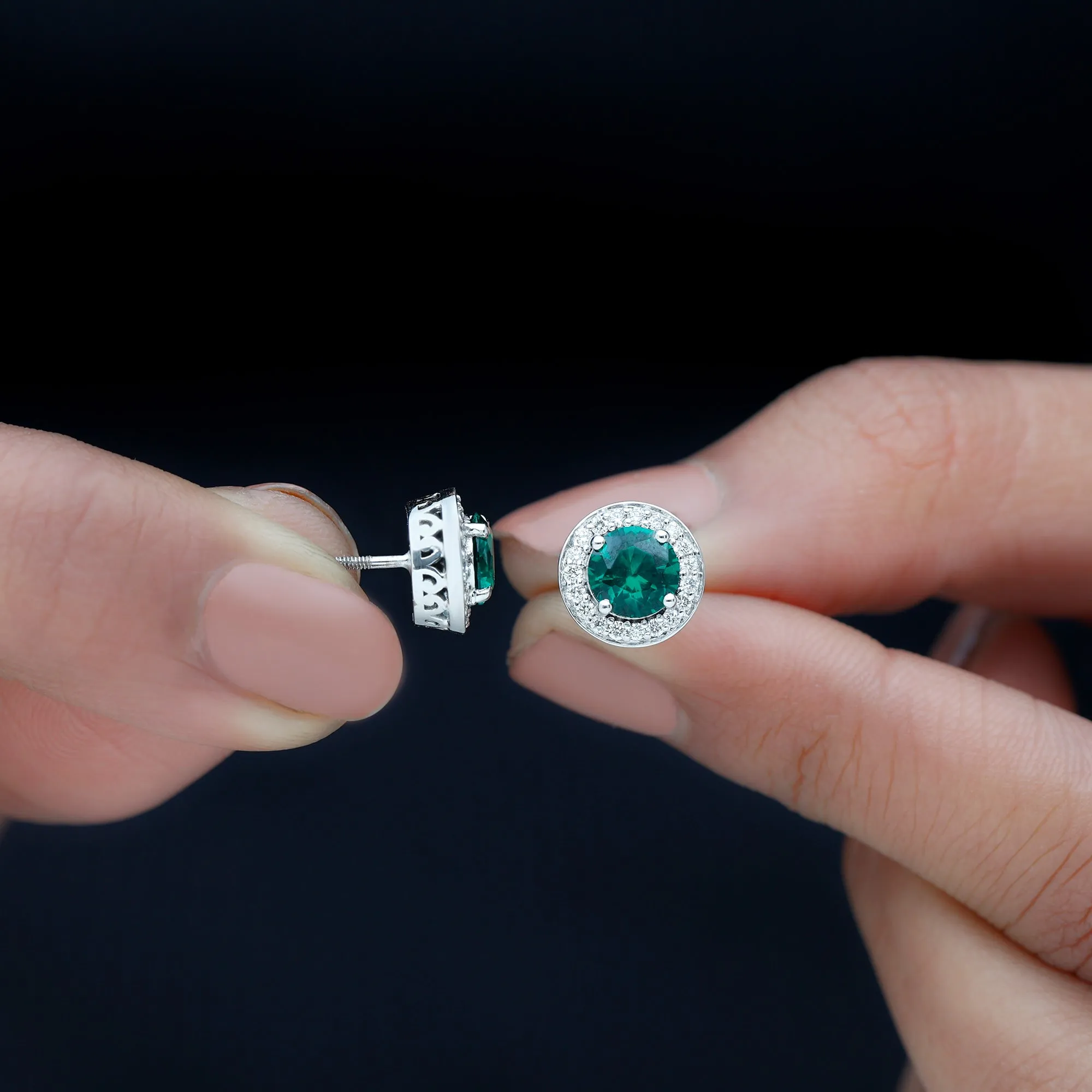 2.25 CT Created Emerald Stud Earrings with Diamond Halo