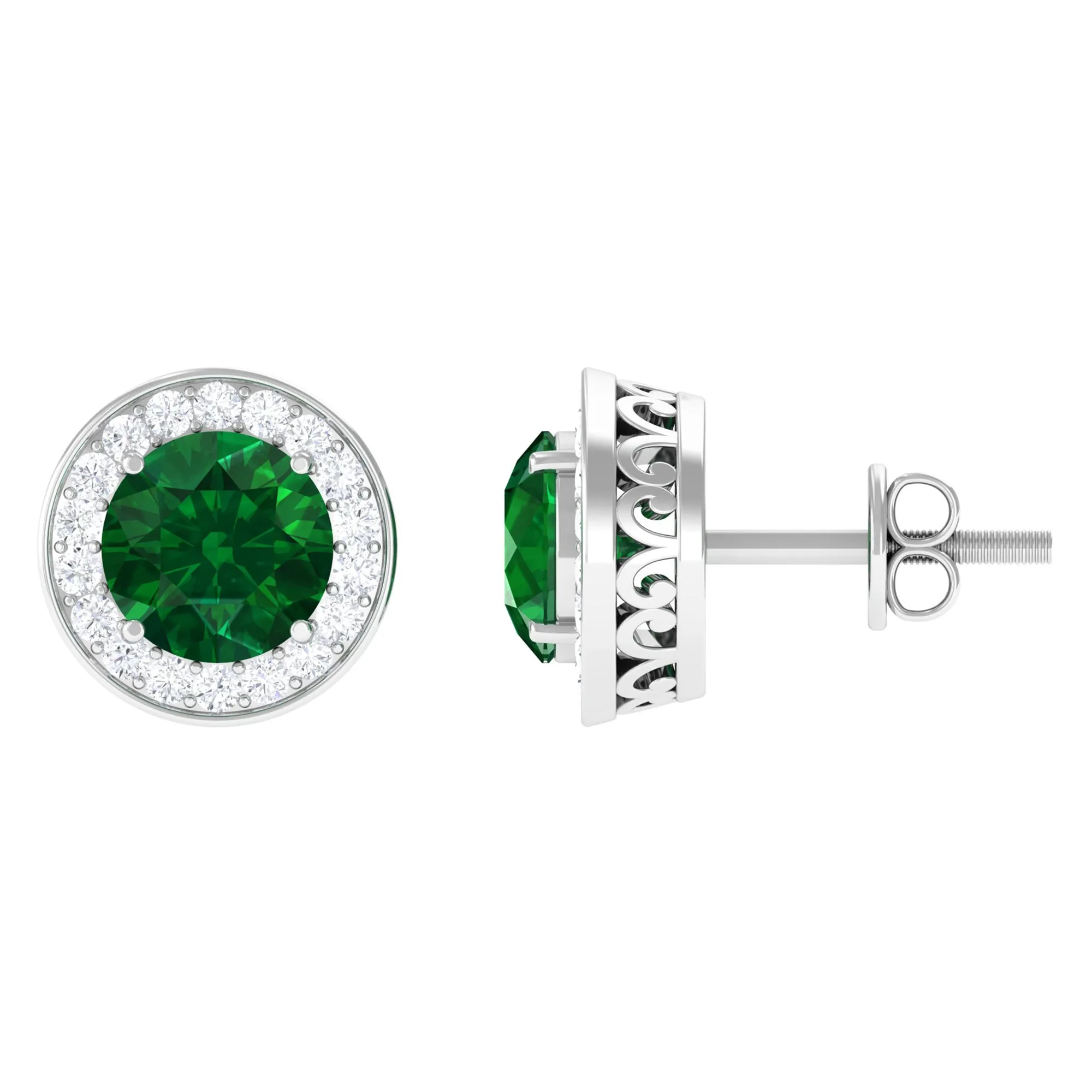 2.25 CT Created Emerald Stud Earrings with Diamond Halo