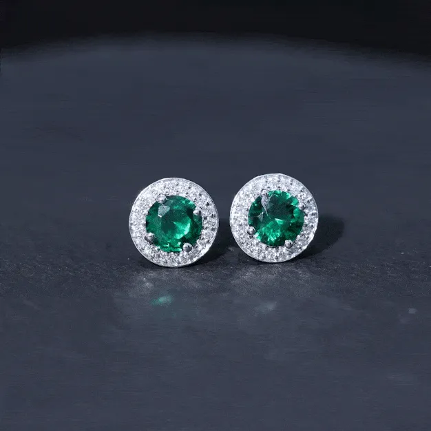 2.25 CT Created Emerald Stud Earrings with Diamond Halo