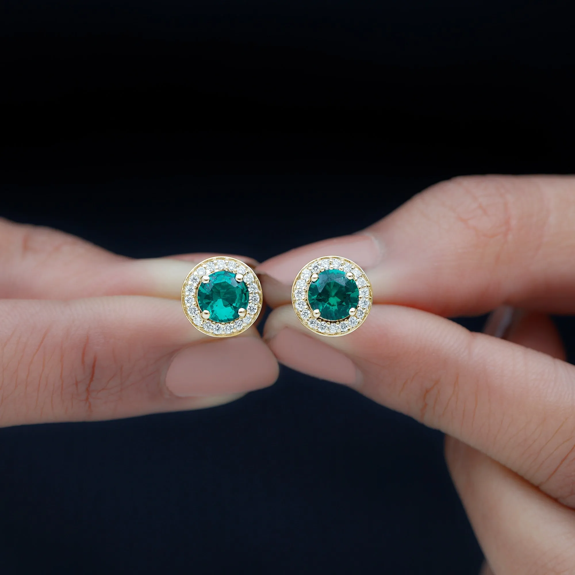 2.25 CT Created Emerald Stud Earrings with Diamond Halo