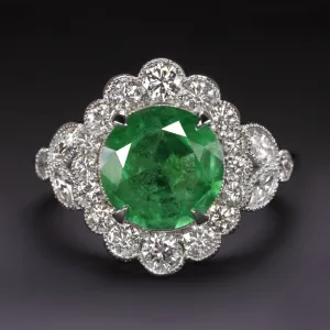 3.41ct EMERALD DIAMOND COCKTAIL RING VINTAGE STYLE SCALLOPED HALO 14k WHITE GOLD