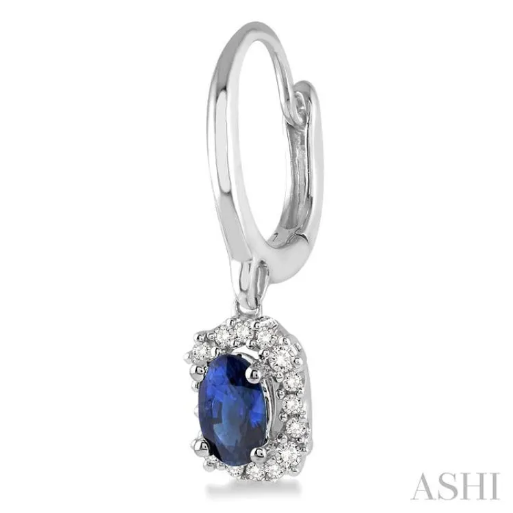 5x3 MM Oval Cut Sapphire and 1/6 Ctw Round Cut Diamond Earrings in 14K White Gold