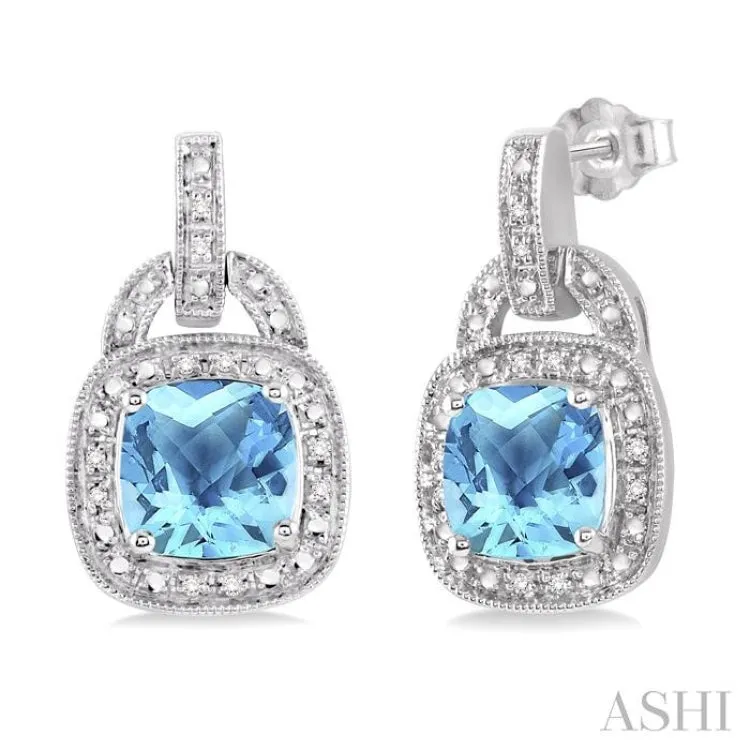 8x8MM Cushion Cut Blue Topaz and 1/10 Ctw Single Cut Diamond Earrings in Sterling Silver