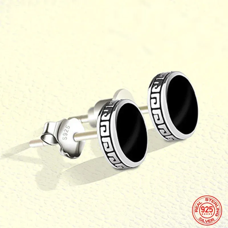 925 Sterling Silver 6mm 8mm Black Round Stud Earrings For Women Men Jewelry Accessories Wholesale