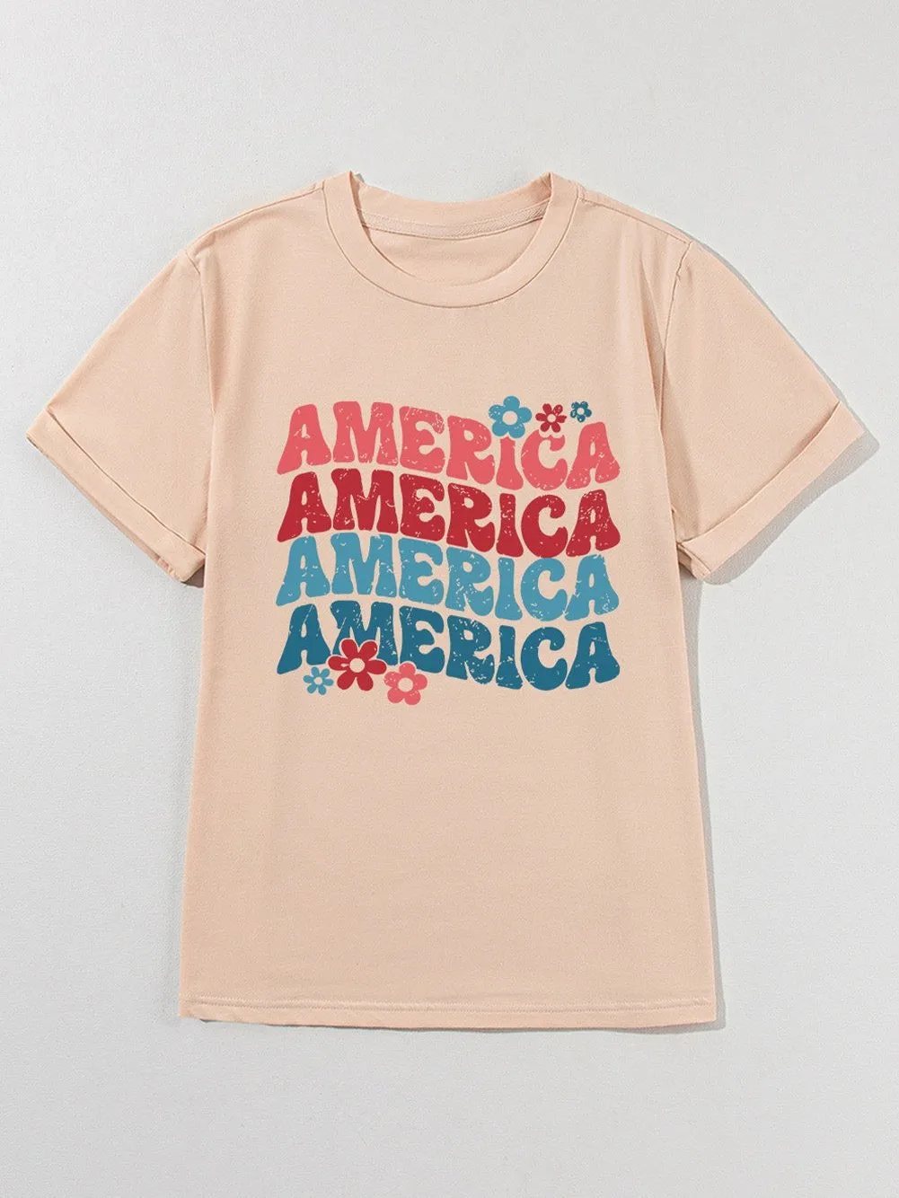 AMERICA Letter Print Khaki Floral Graphic Tee