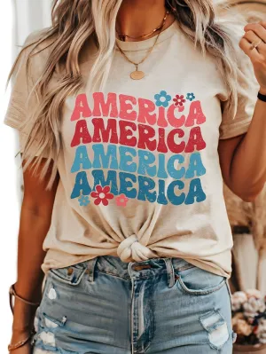 AMERICA Letter Print Khaki Floral Graphic Tee