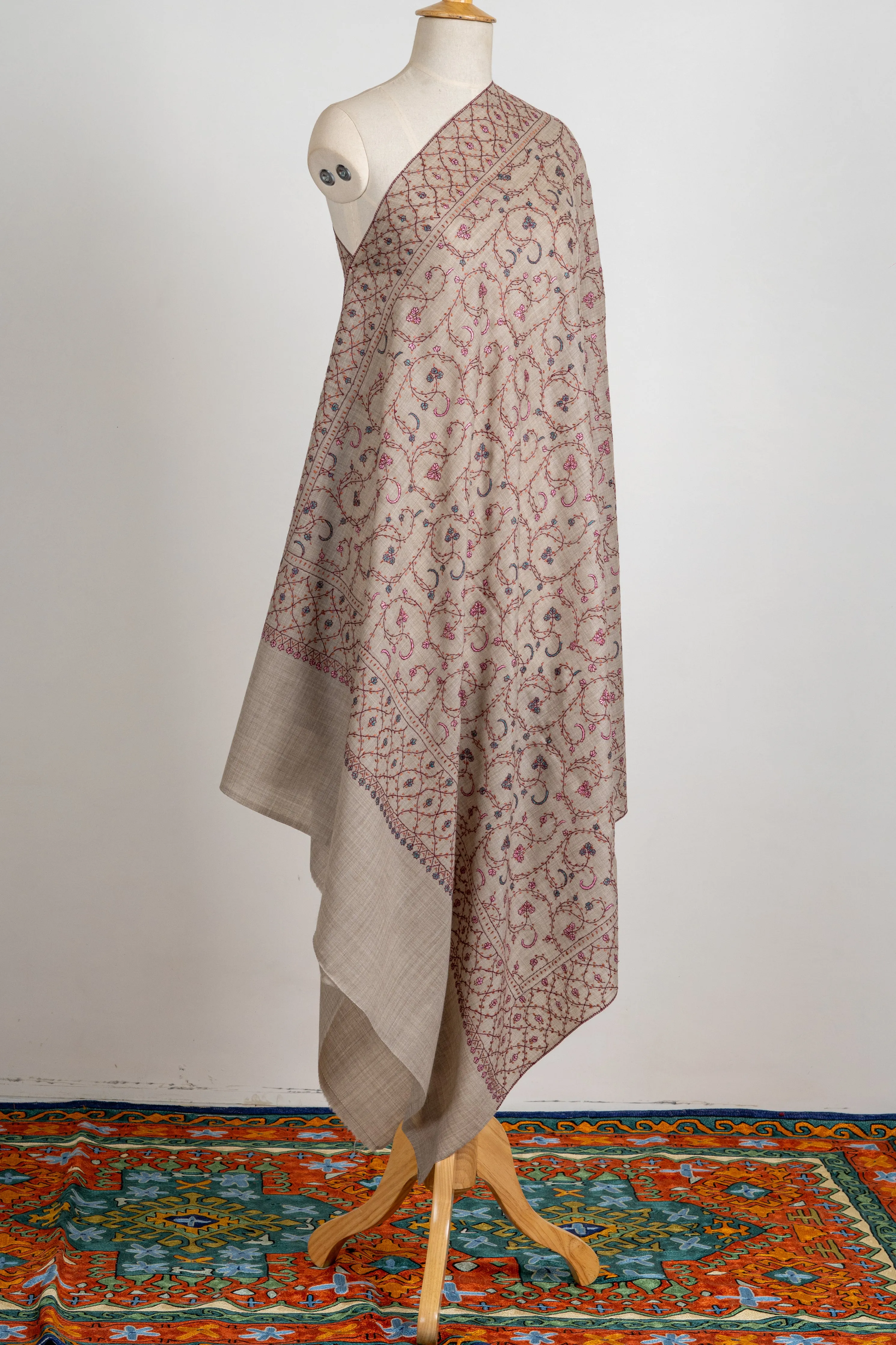 Arzoo Beige: Sozni Hand Embroidered merino wool Shawl