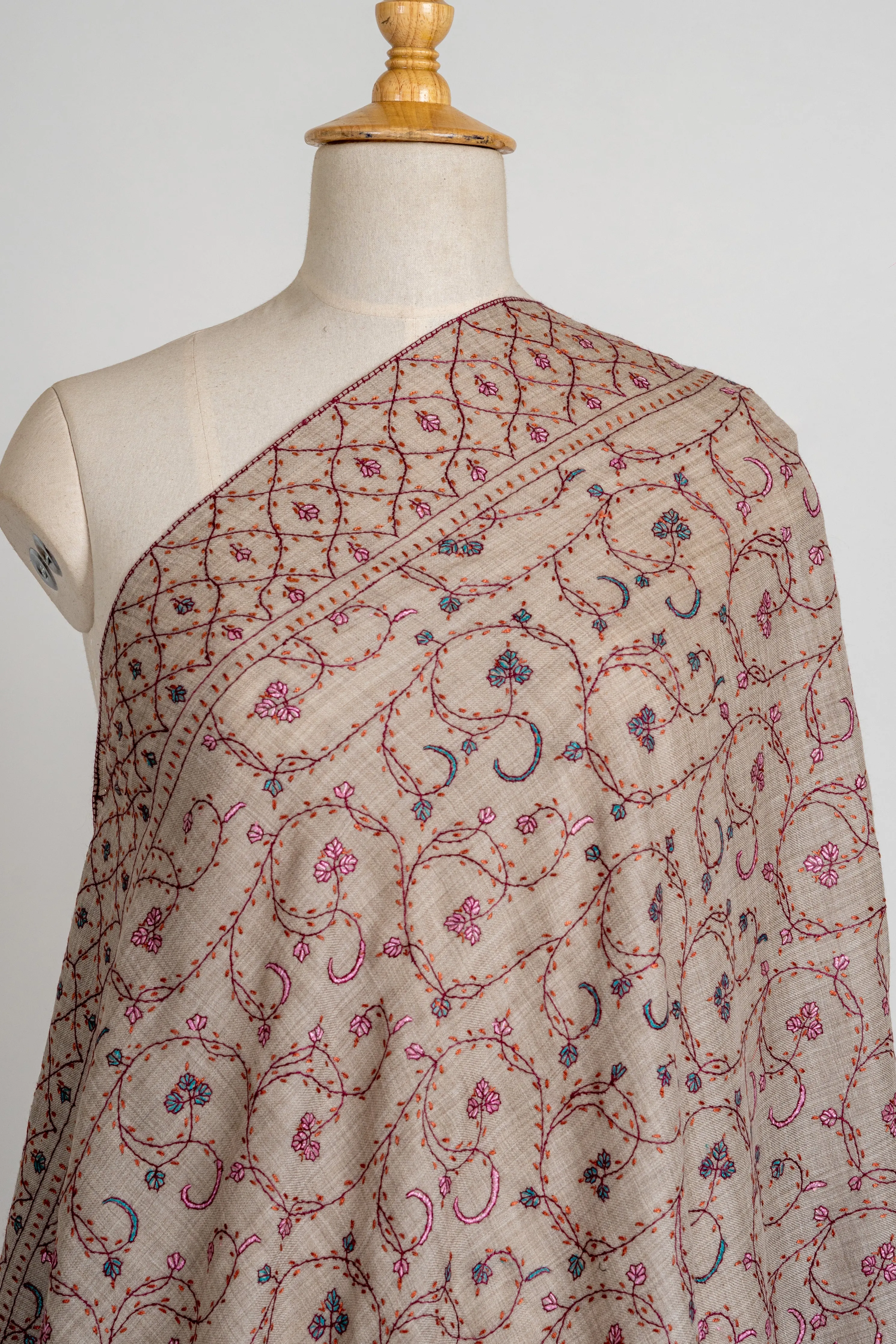 Arzoo Beige: Sozni Hand Embroidered merino wool Shawl