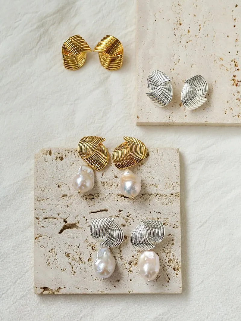 Baroque Pearl Twisted Metal Stripe Texture Earrings