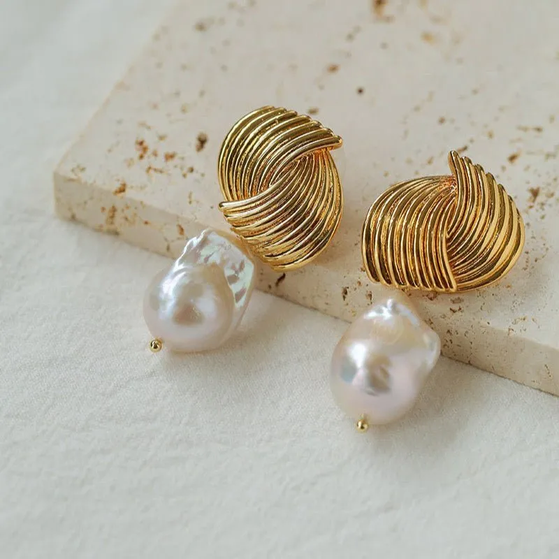 Baroque Pearl Twisted Metal Stripe Texture Earrings