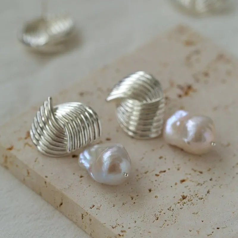 Baroque Pearl Twisted Metal Stripe Texture Earrings