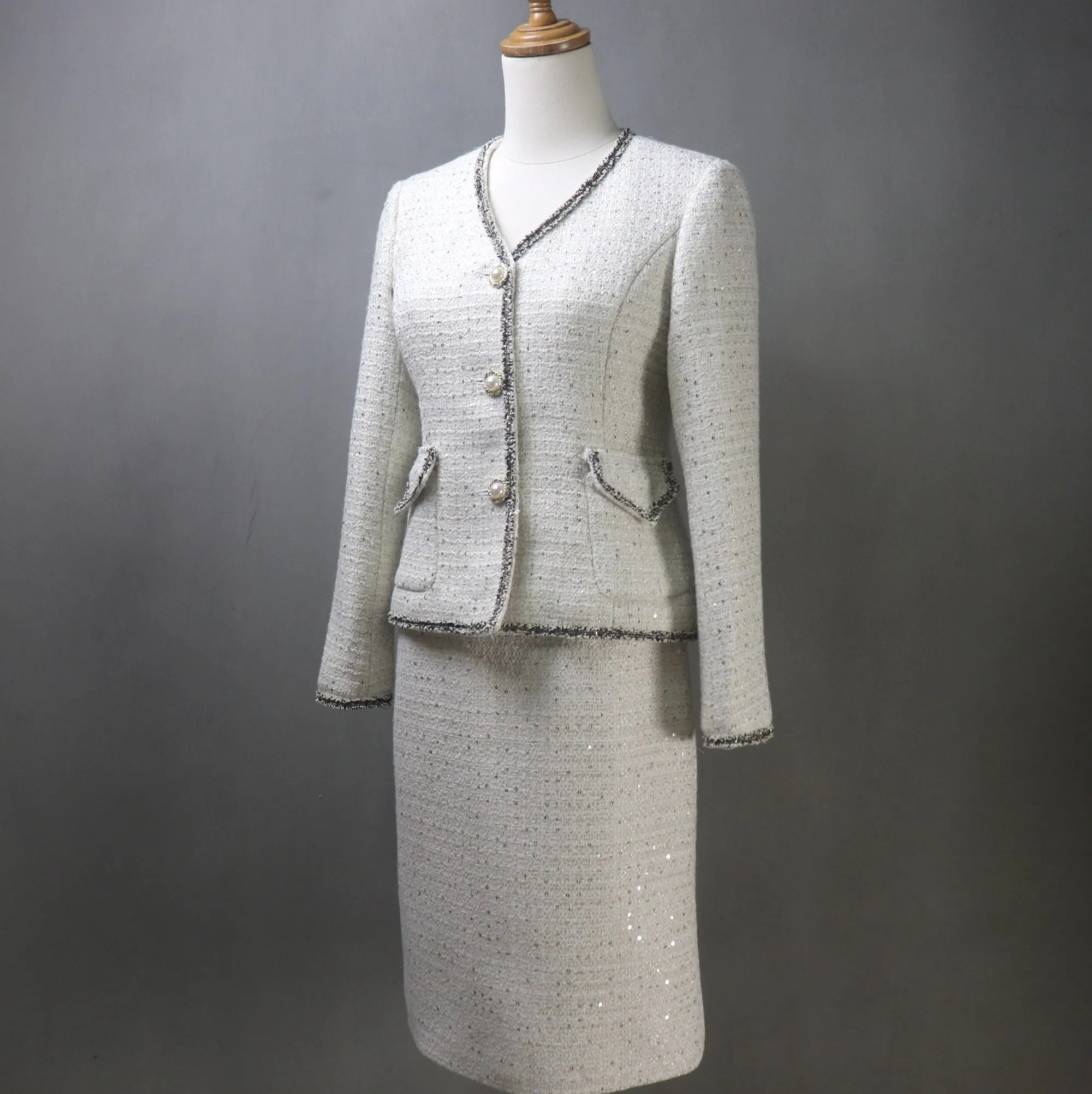 Beige Tweed Skirt Suit with V Neck and Sequins