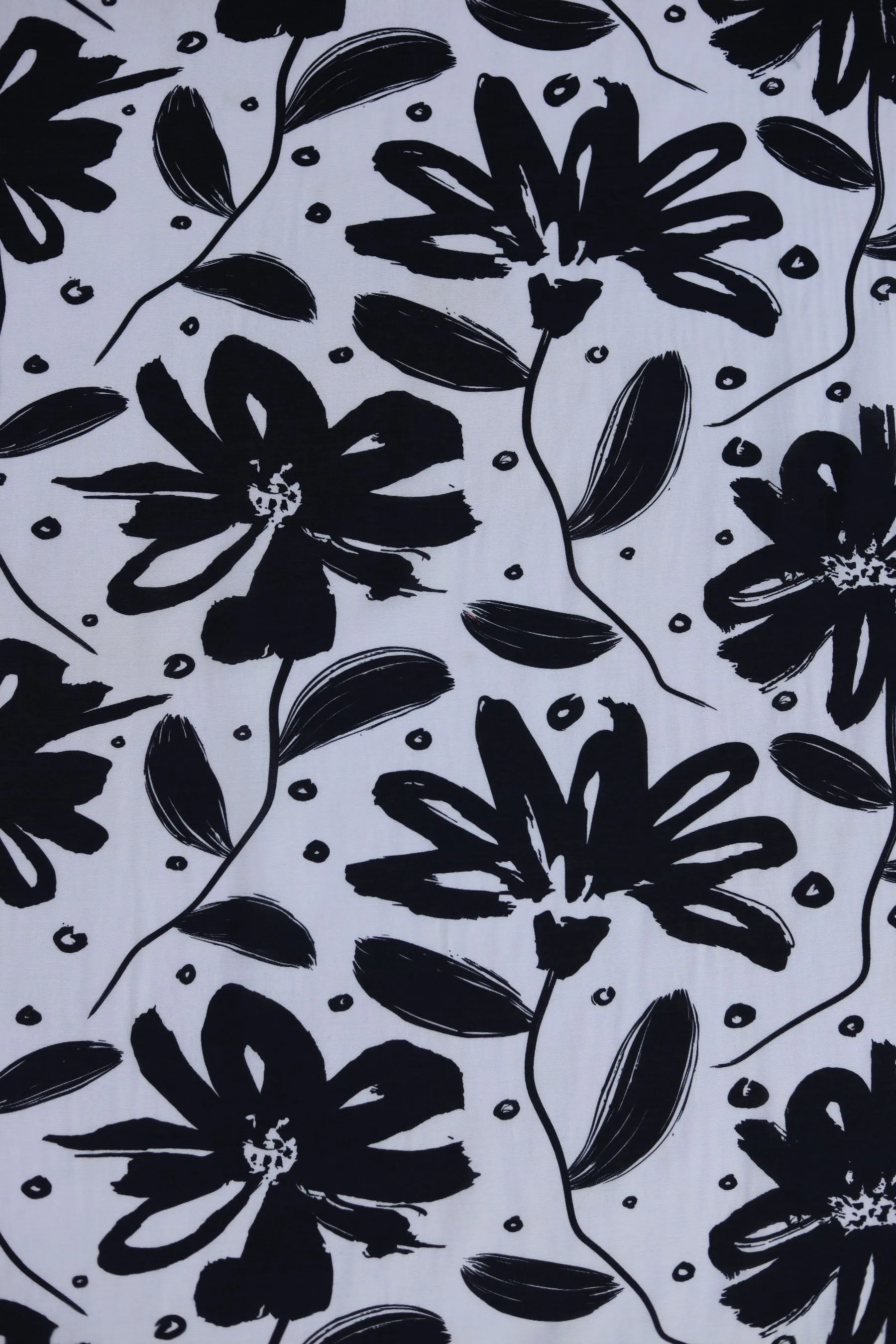 Black and Ivory Floral Pattern Printed Natural Muslin Silk Fabric