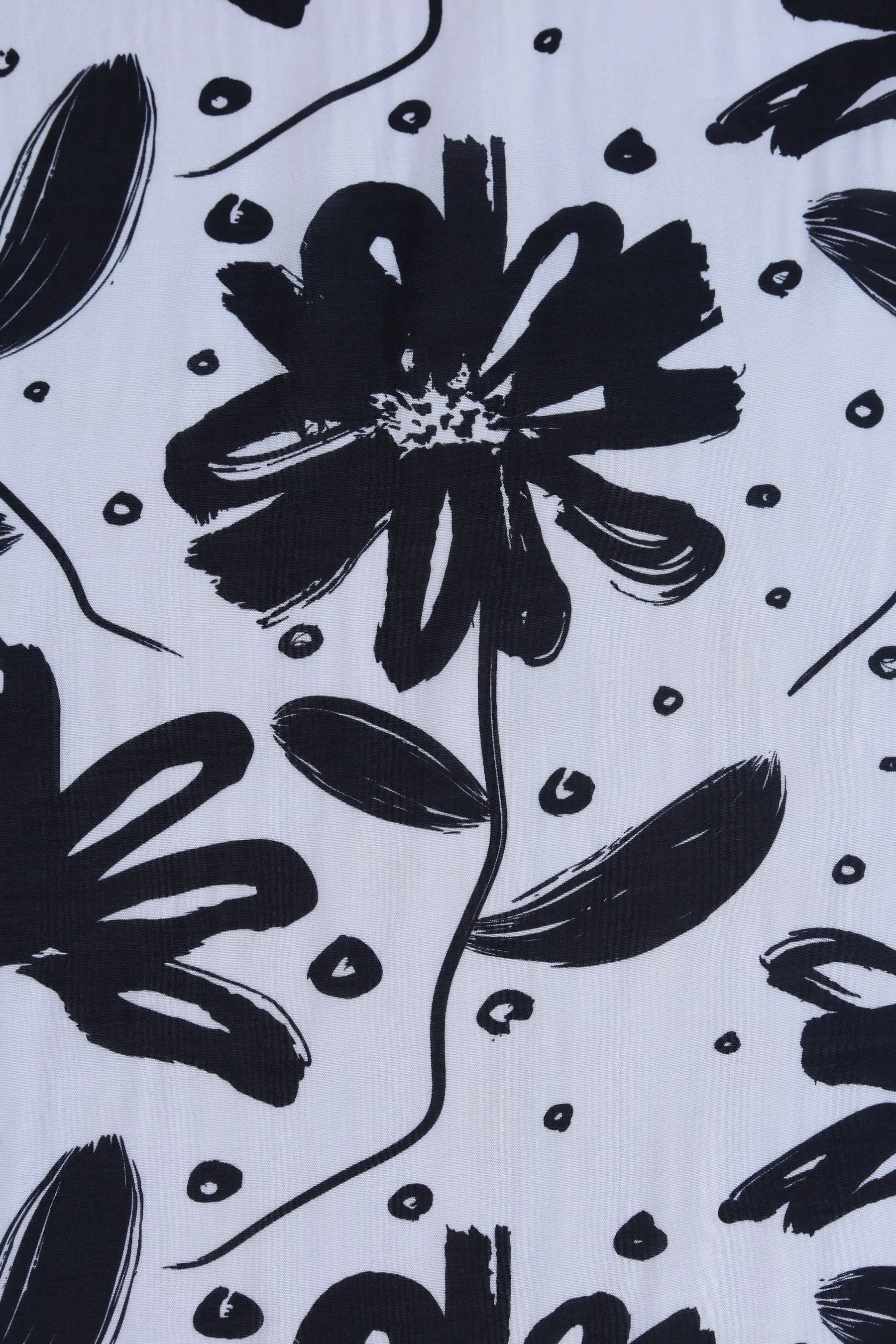 Black and Ivory Floral Pattern Printed Natural Muslin Silk Fabric