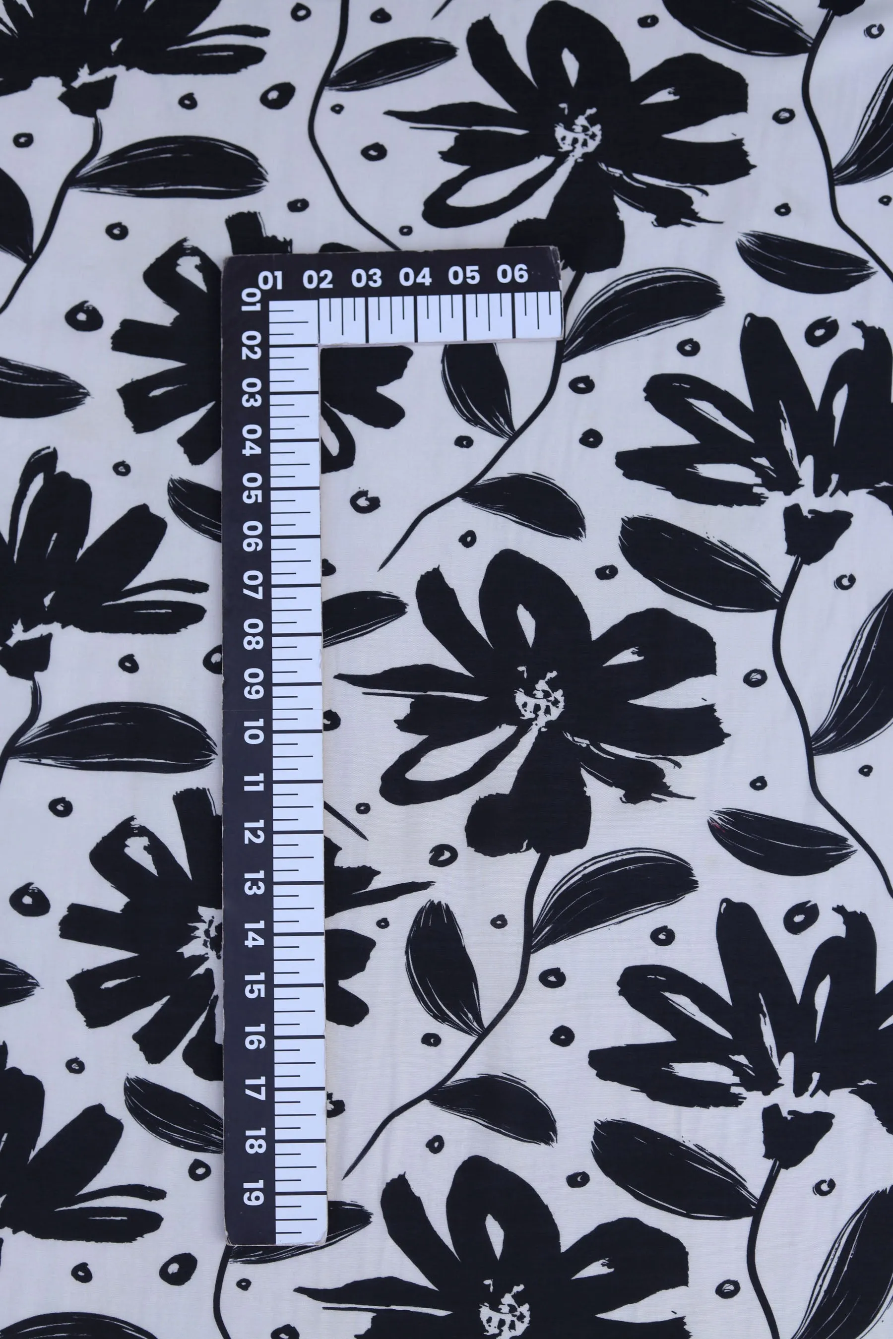 Black and Ivory Floral Pattern Printed Natural Muslin Silk Fabric