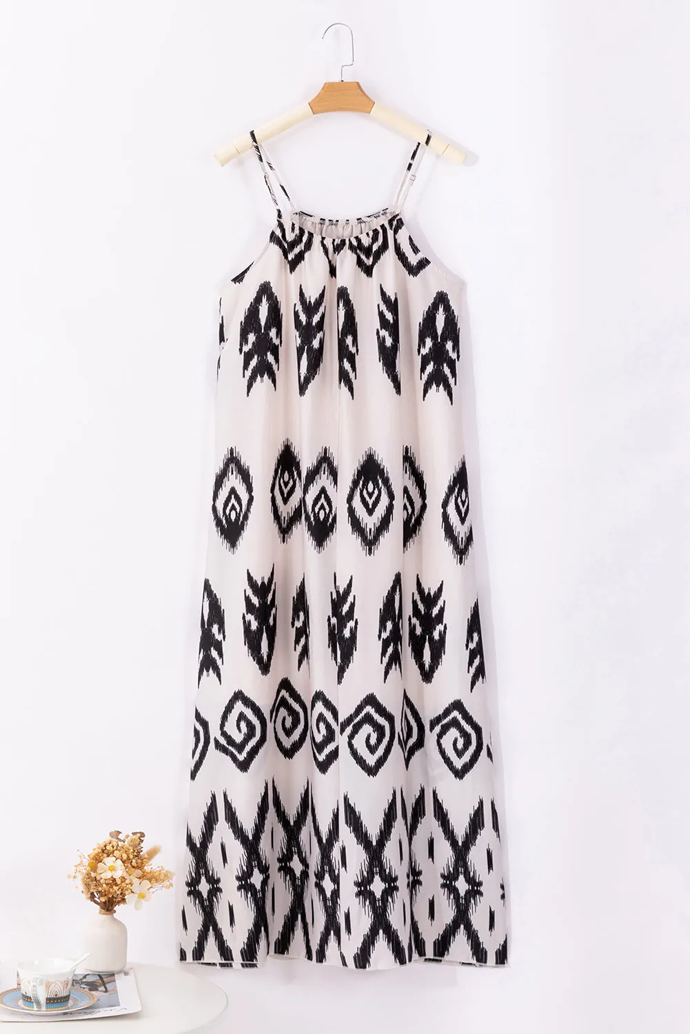 Black Geometric Printed Spaghetti Strap Vacation Sundress