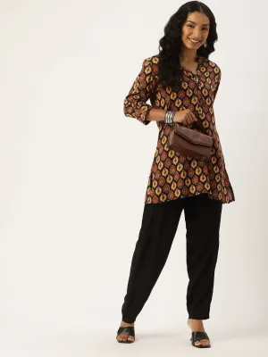 Black Mandarin Collar Printed Tunic