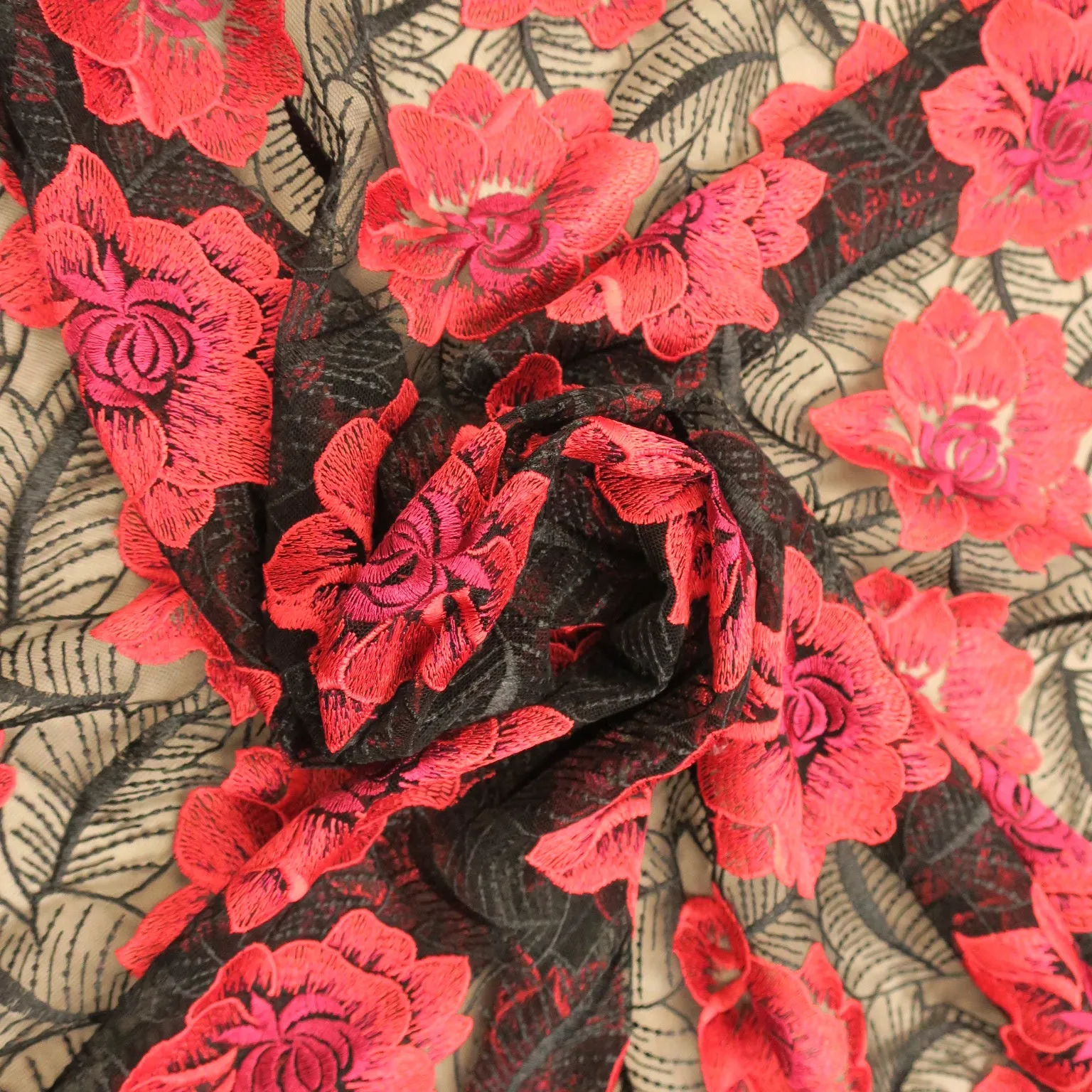 Black Tulle with Coral Floral Design Embroidered  Fabric