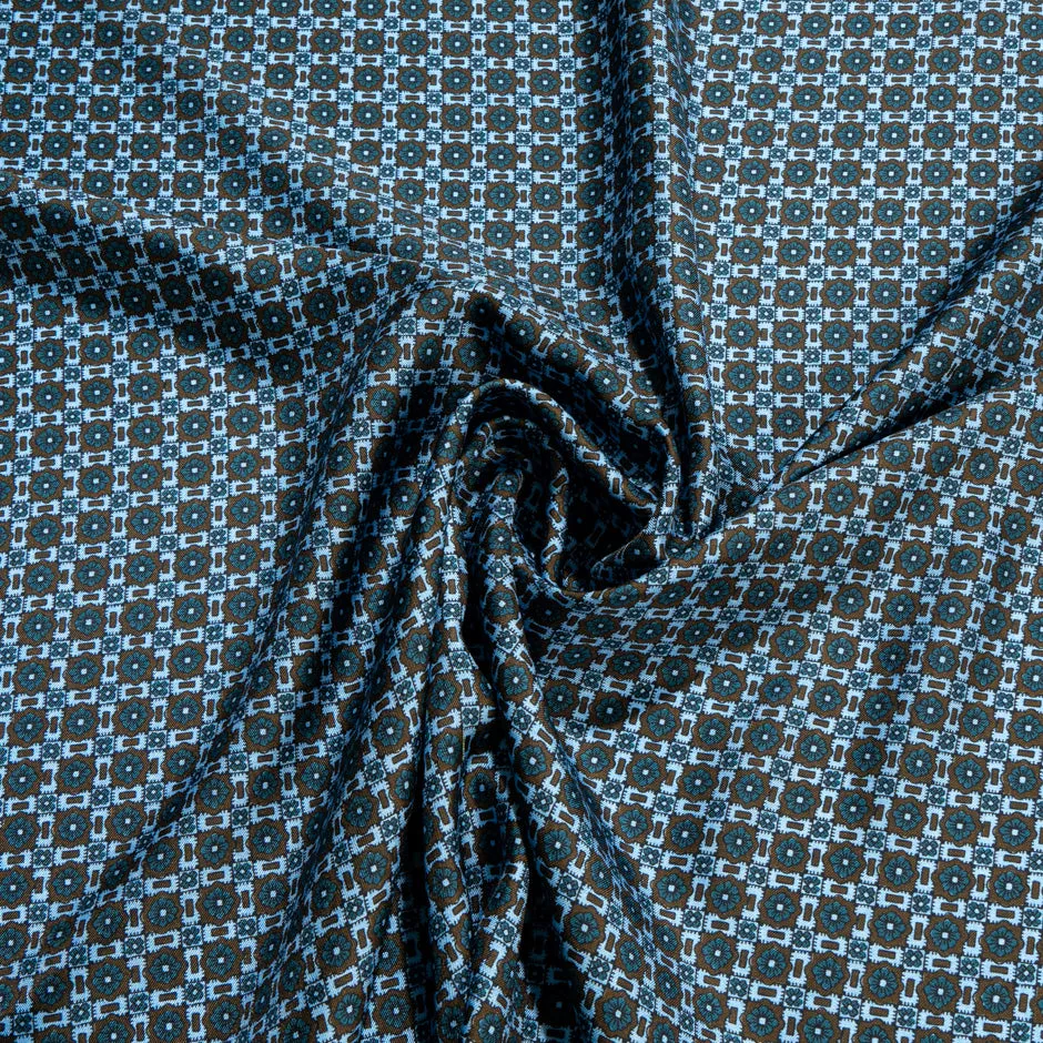 Blue & Brown Geo Printed Pure Silk Twill