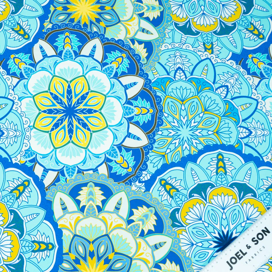 Blue & Yellow Geometric Floral Printed Silk Crêpe