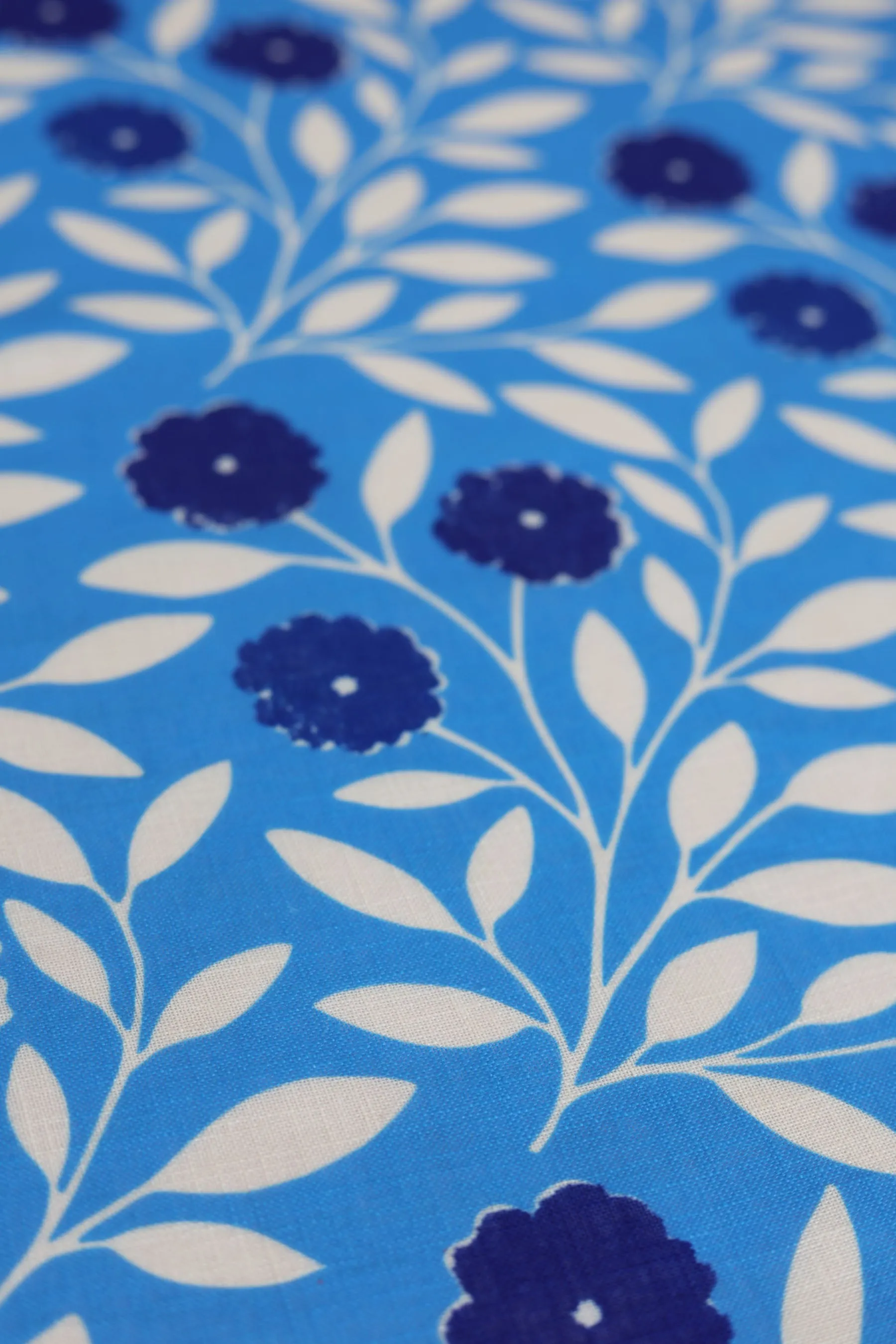 Blue Floral Pattern Printed Eco Poly Linen Fabric