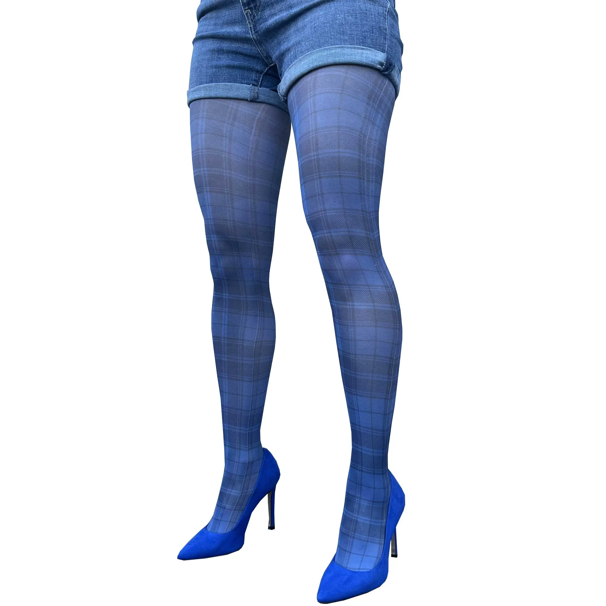 Blue Plaid Patterned Opaque Tights