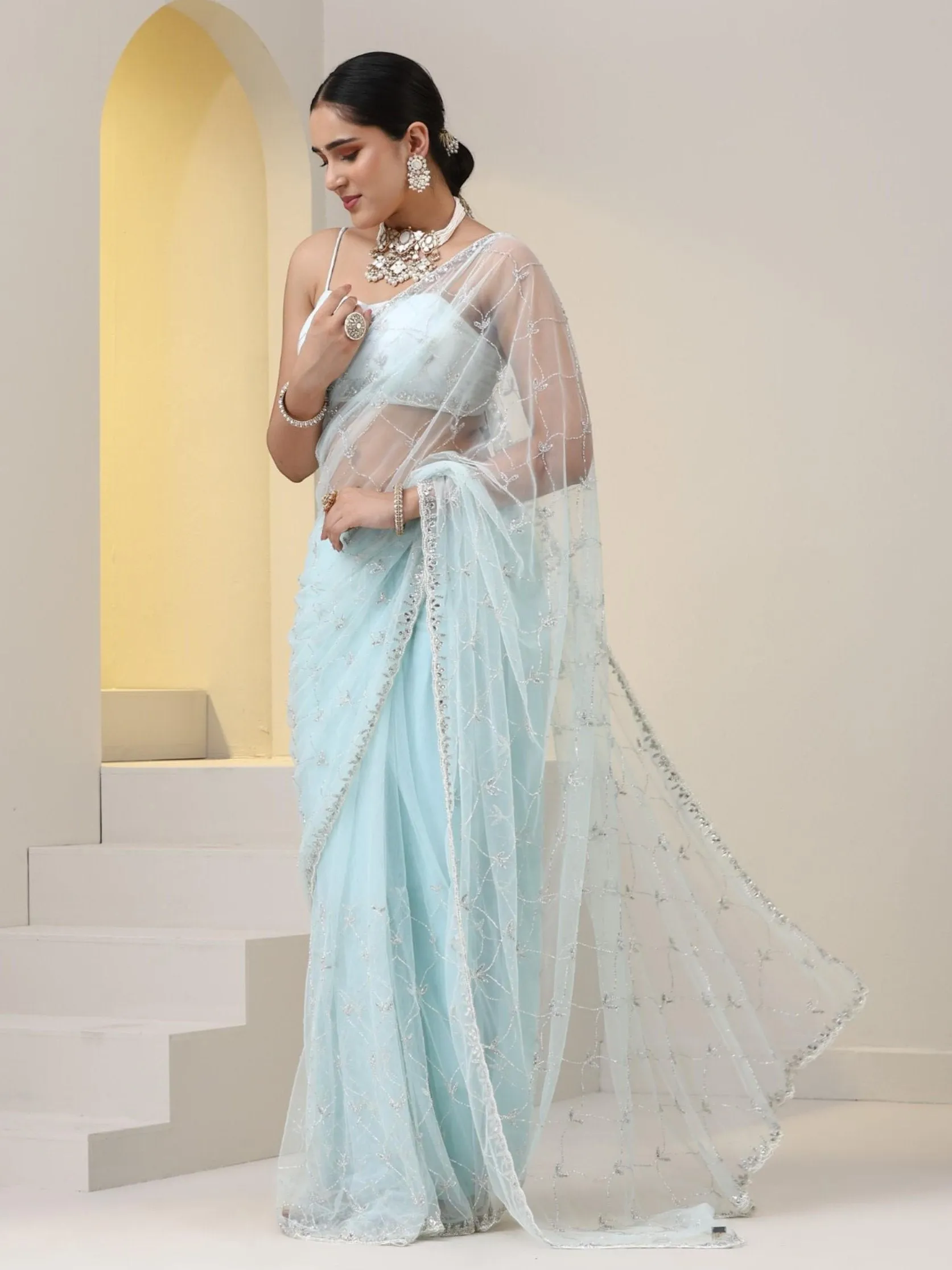 Blue Stone Net Cut Dana Embroidery Saree with Blouse Fabric