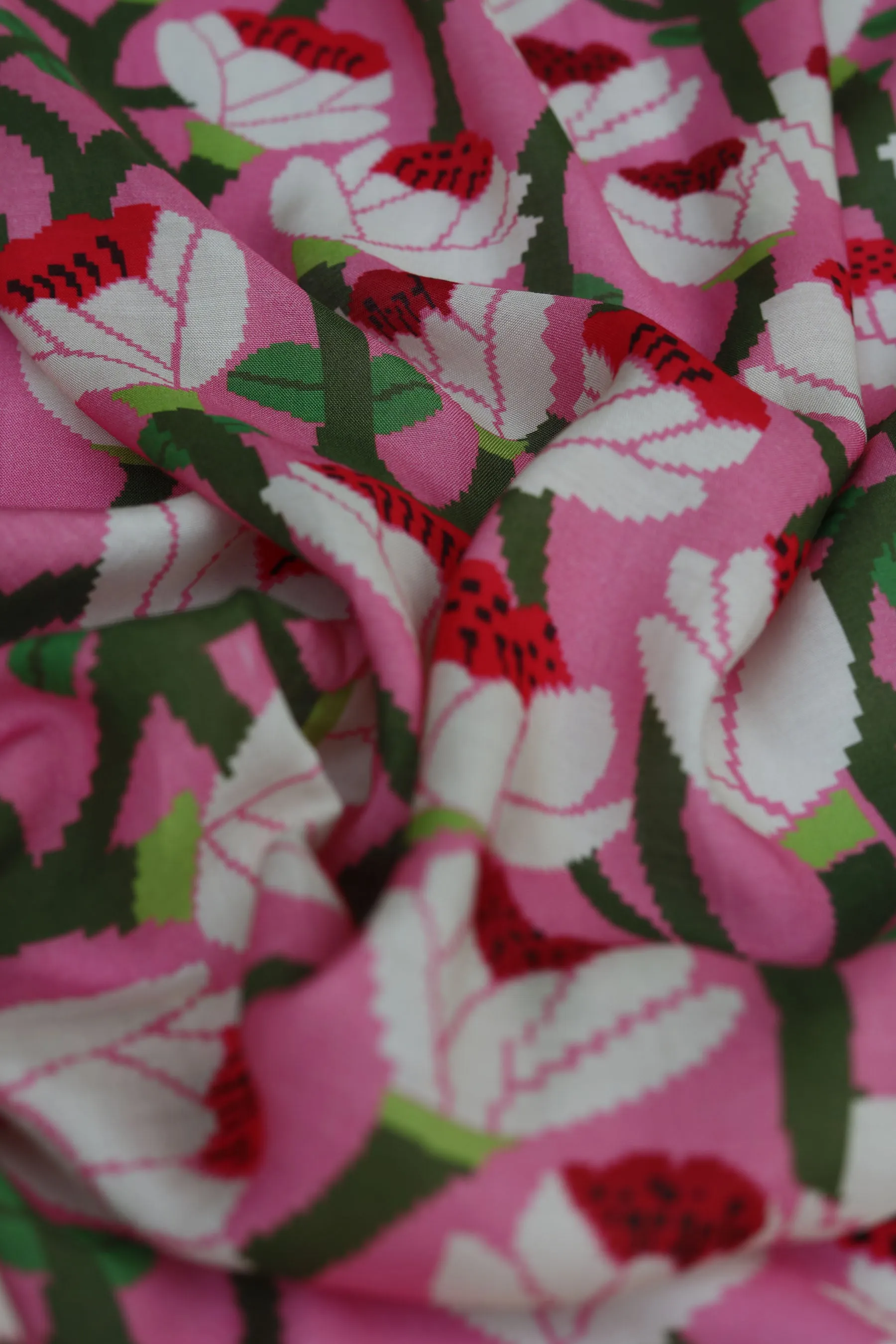 Bossy Pink All Over Flower Print Natural Muslin Silk Fabric