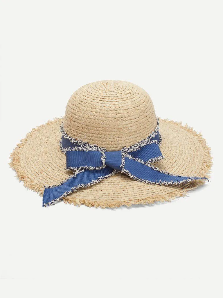 Bow Tie Frayed Trim Straw Hat