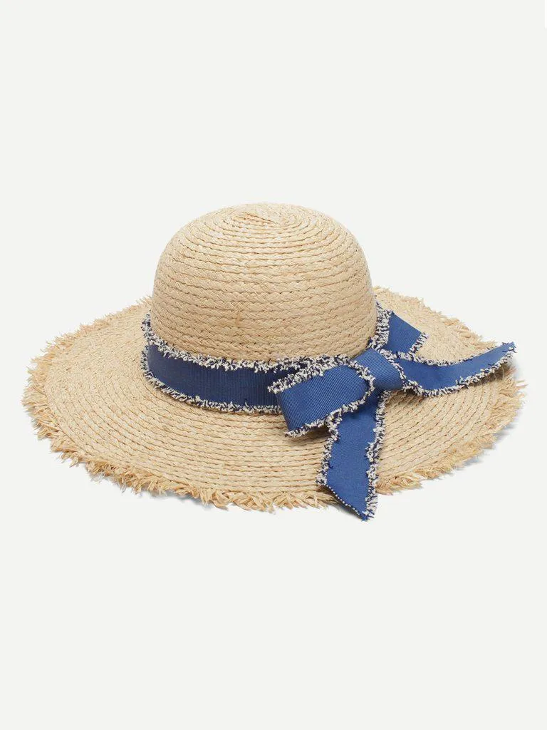 Bow Tie Frayed Trim Straw Hat