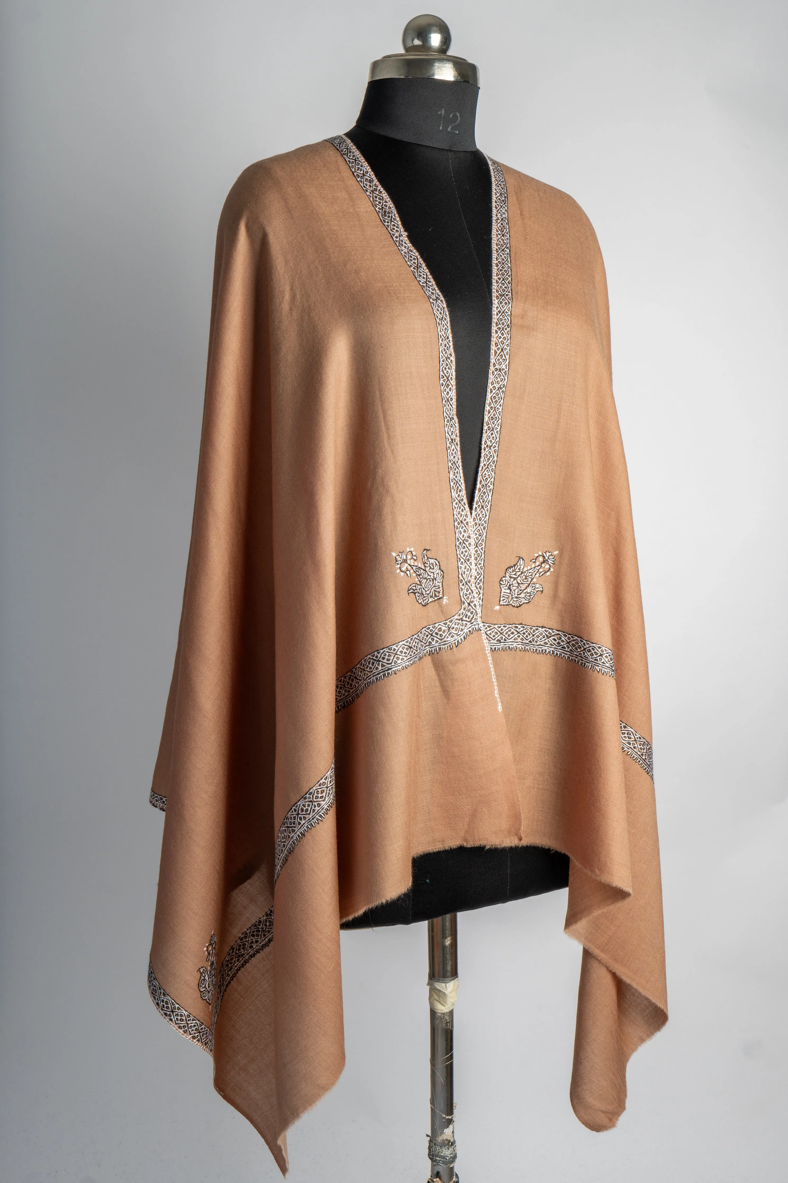 Bronze Elegance: Sozni Hand-Embroidered Merino Wool Scarf