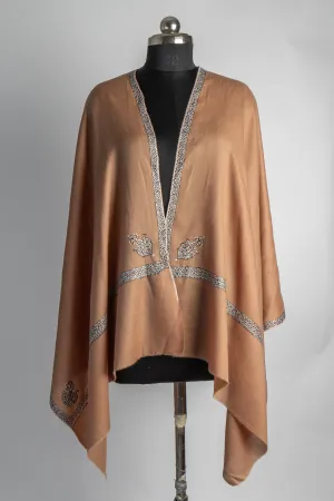 Bronze Elegance: Sozni Hand-Embroidered Merino Wool Scarf