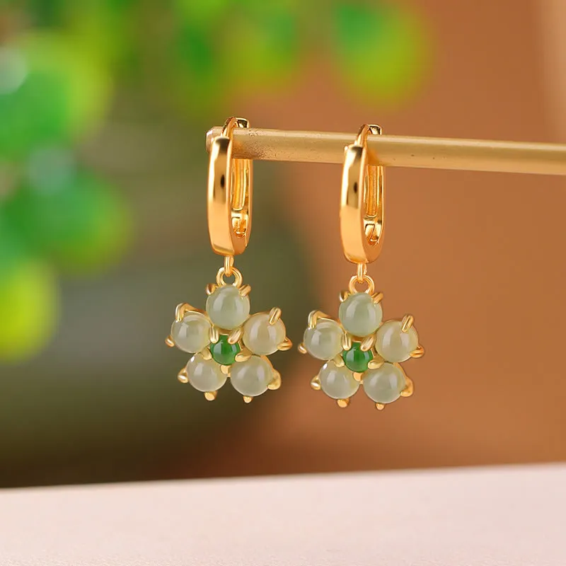 Buddha Stones 925 Sterling Silver Plated Gold Green Jade Flower Design Luck Prosperity Earrings