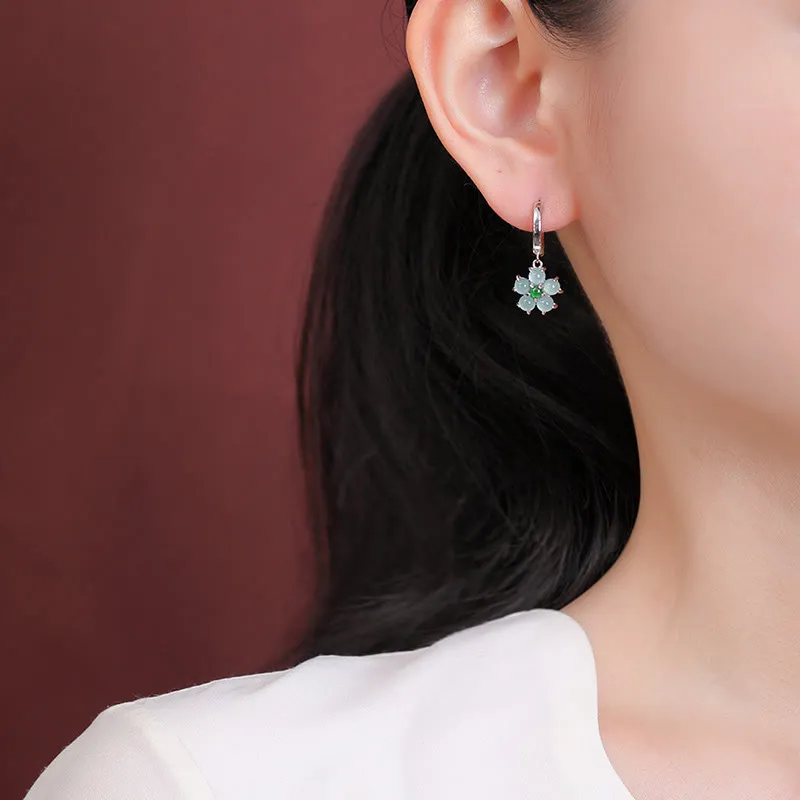 Buddha Stones 925 Sterling Silver Plated Gold Green Jade Flower Design Luck Prosperity Earrings