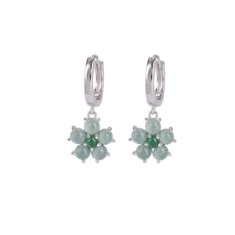 Buddha Stones 925 Sterling Silver Plated Gold Green Jade Flower Design Luck Prosperity Earrings