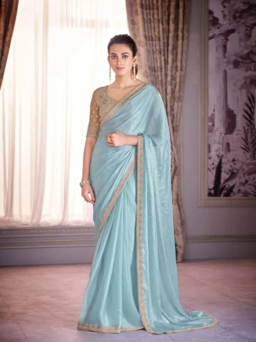 Captivating Cloudy Blue Satin Organza Embroidered Saree