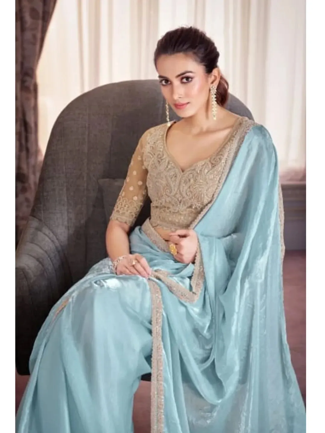 Captivating Cloudy Blue Satin Organza Embroidered Saree