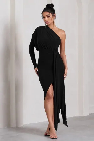 Catherine | Black One Sleeve Asymmetric Midi Dress With Statement Drape