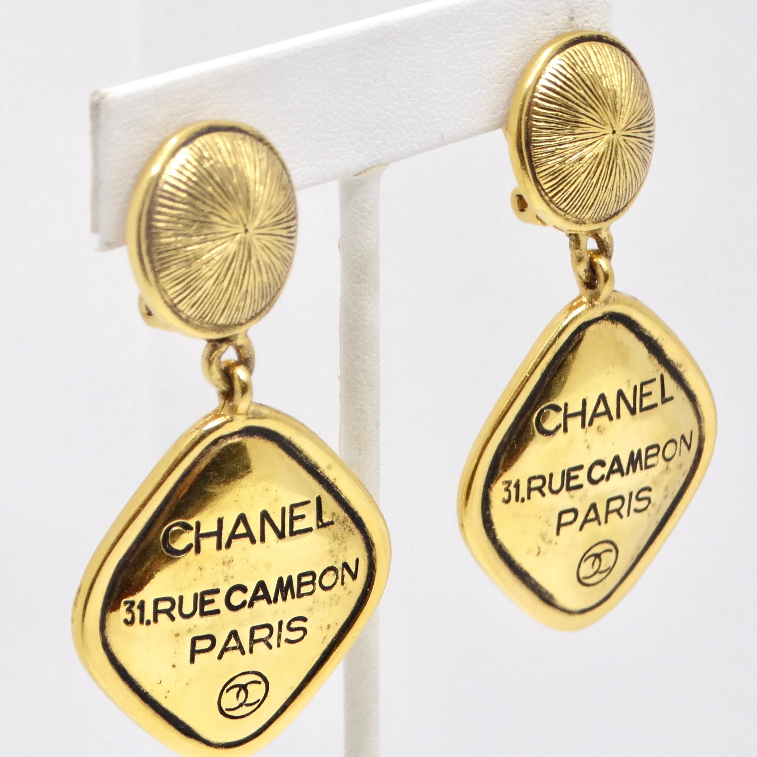 Chanel 31 Rue Cambon CC Gold Tone Clip On Drop Earrings